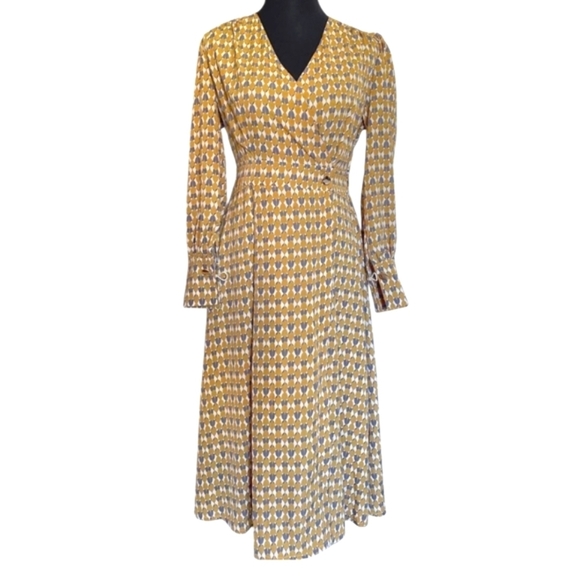 HL AFFAIR Mod Printed Wrap Maxi Long Sleeve Dress In Mustard/white/grey. S/M NWT - Picture 2 of 16